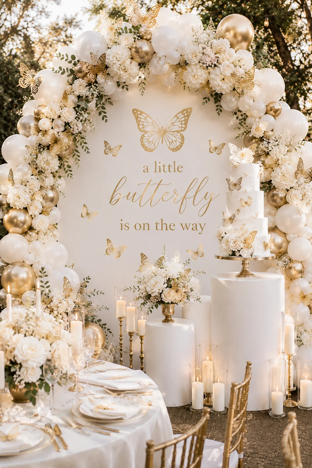 Gold and white butterfly baby shower.