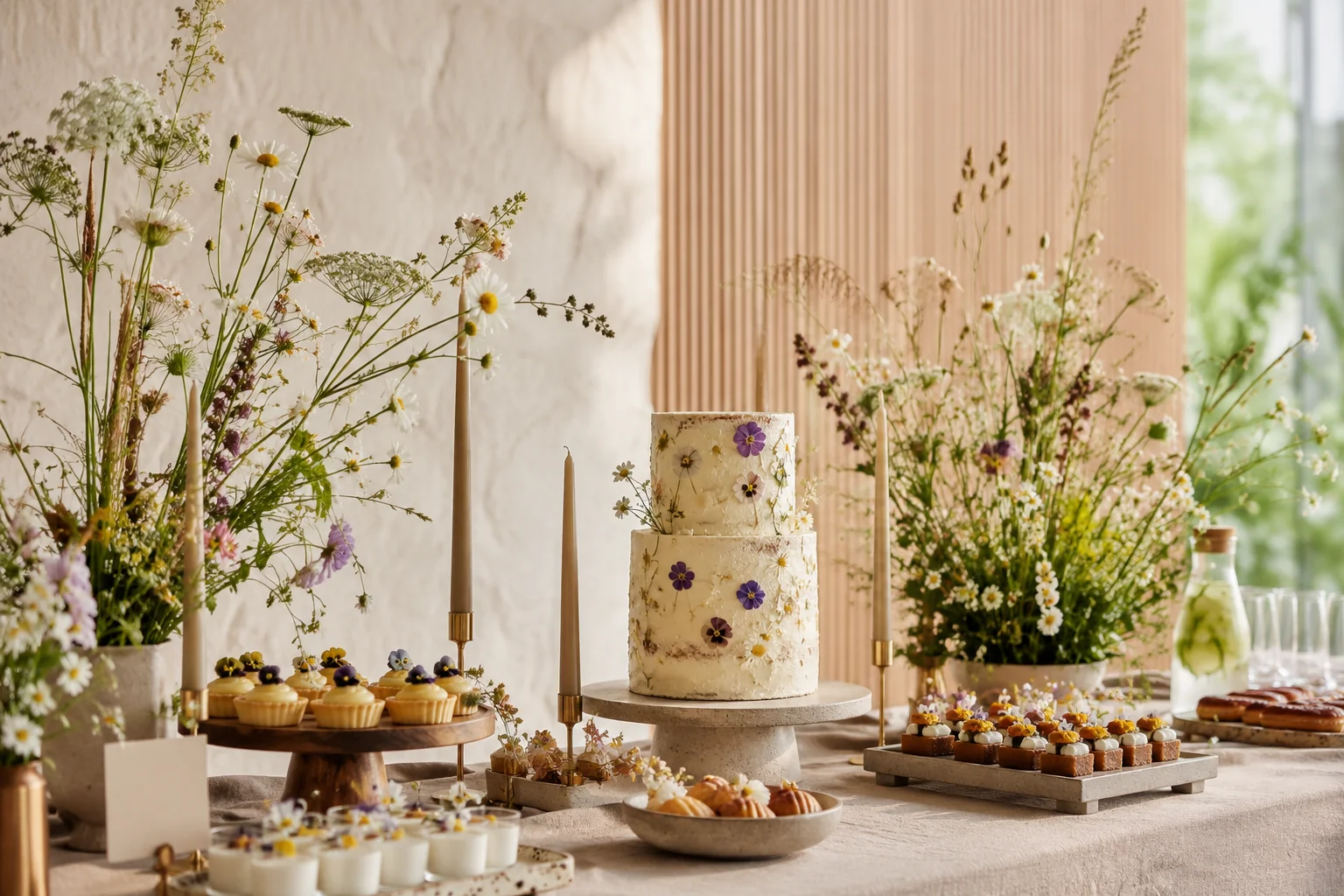 Wildflower baby shower dessert table with floral cake and meadow-inspired decor.