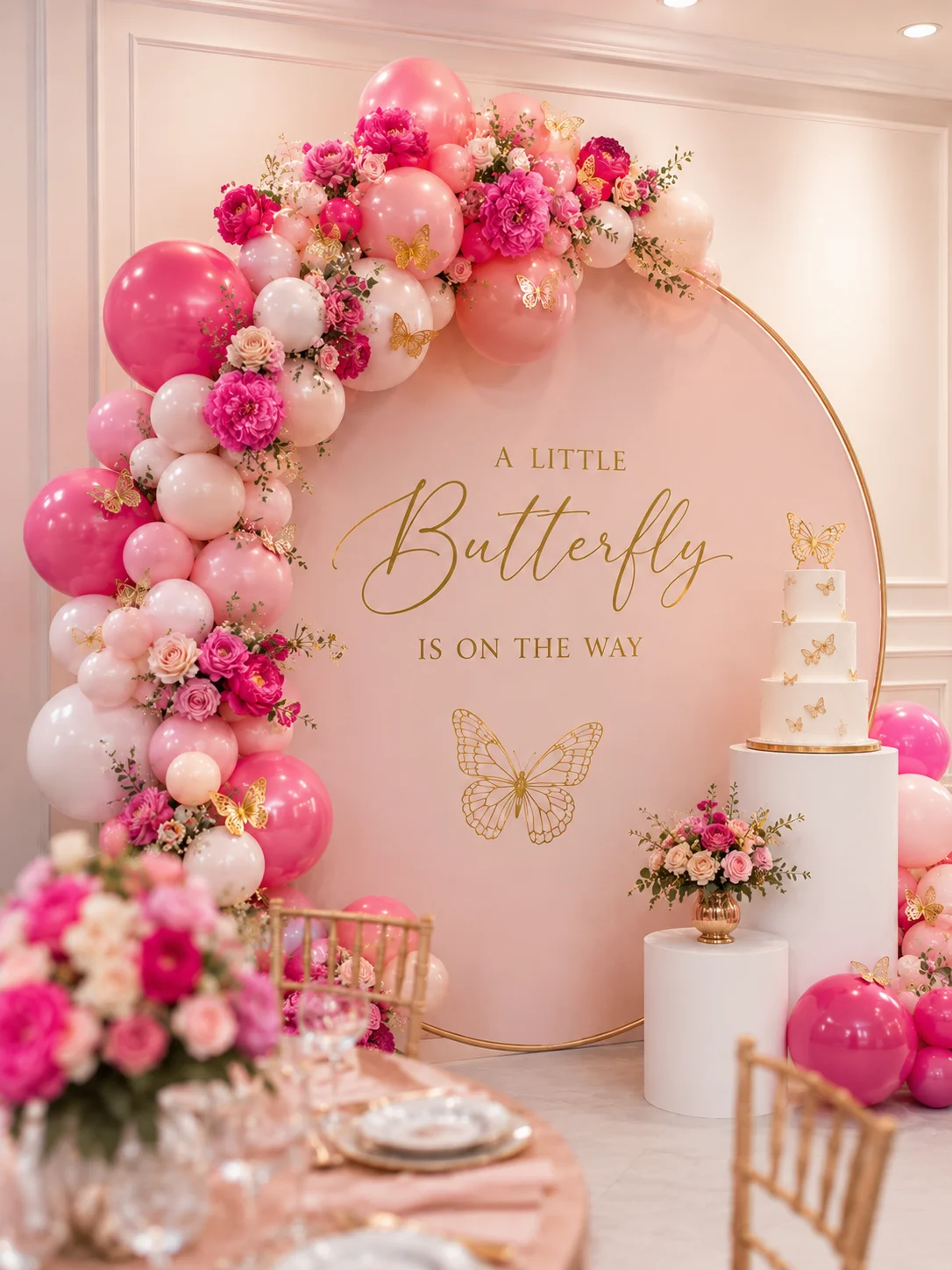 Pink butterfly baby shower backdrop.