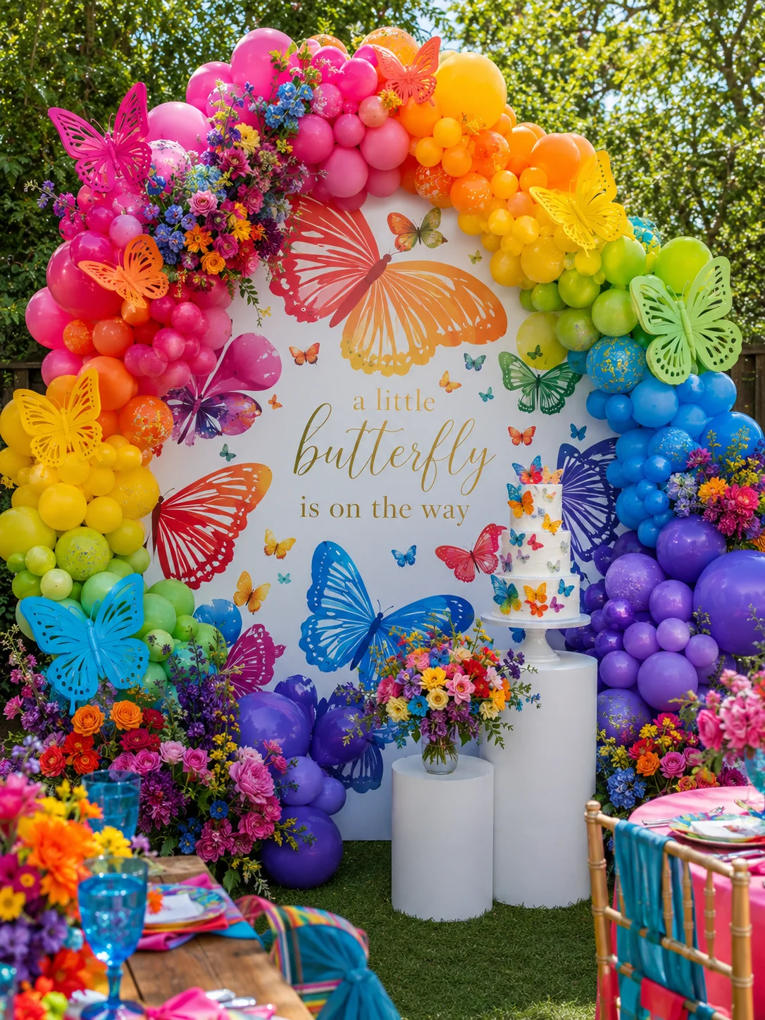 Rainbow butterfly baby shower backdrop.