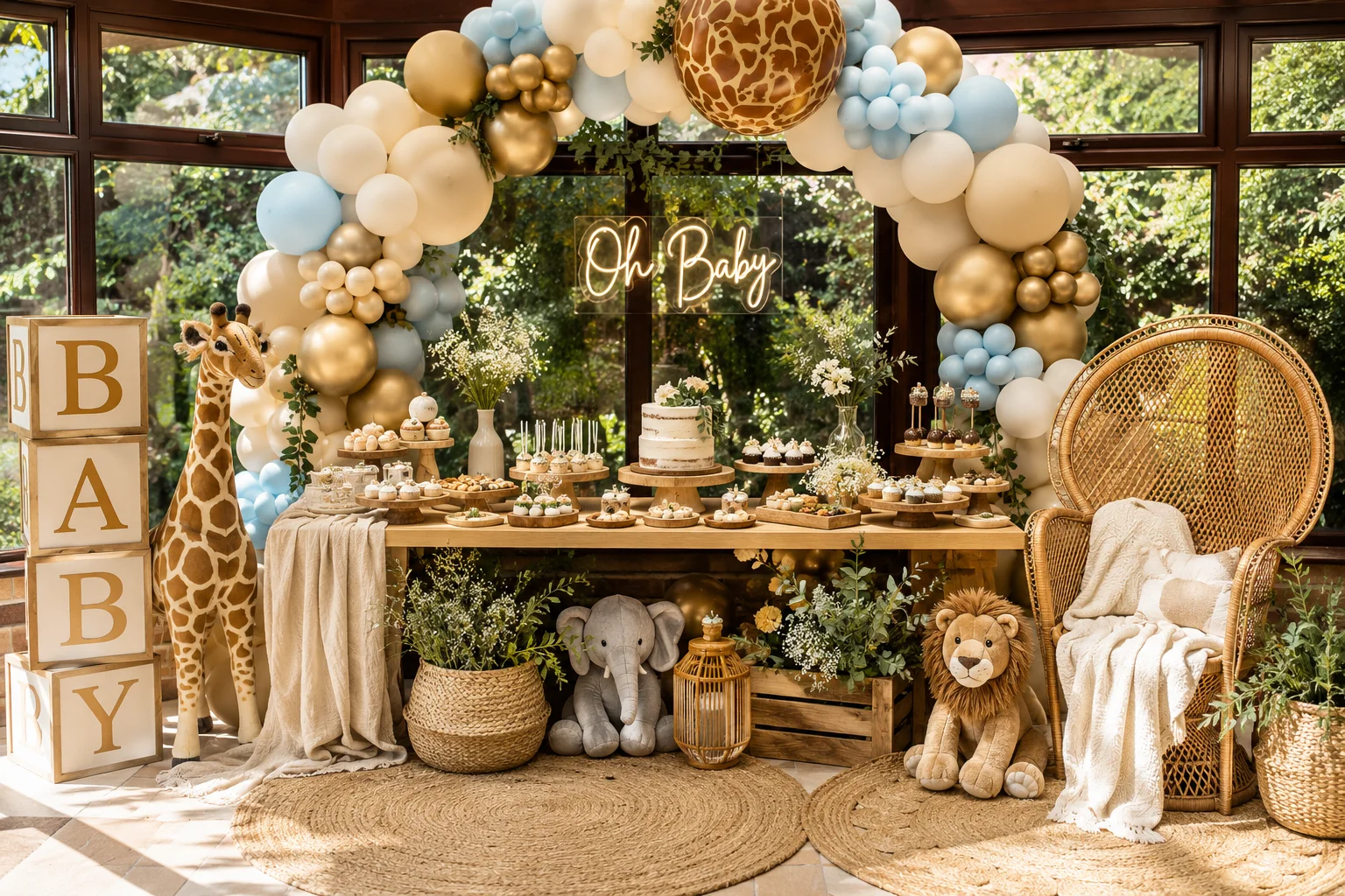 Safari baby shower dessert table with giraffe decor.