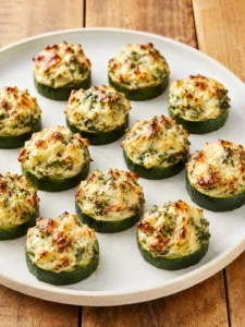 Baked zucchini bites topped with spinach artichoke cheese filling.