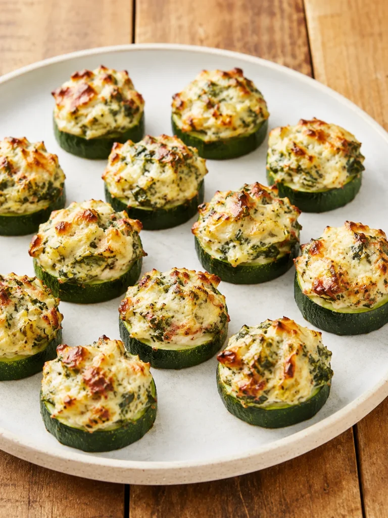 Baked zucchini bites topped with spinach artichoke cheese filling.
